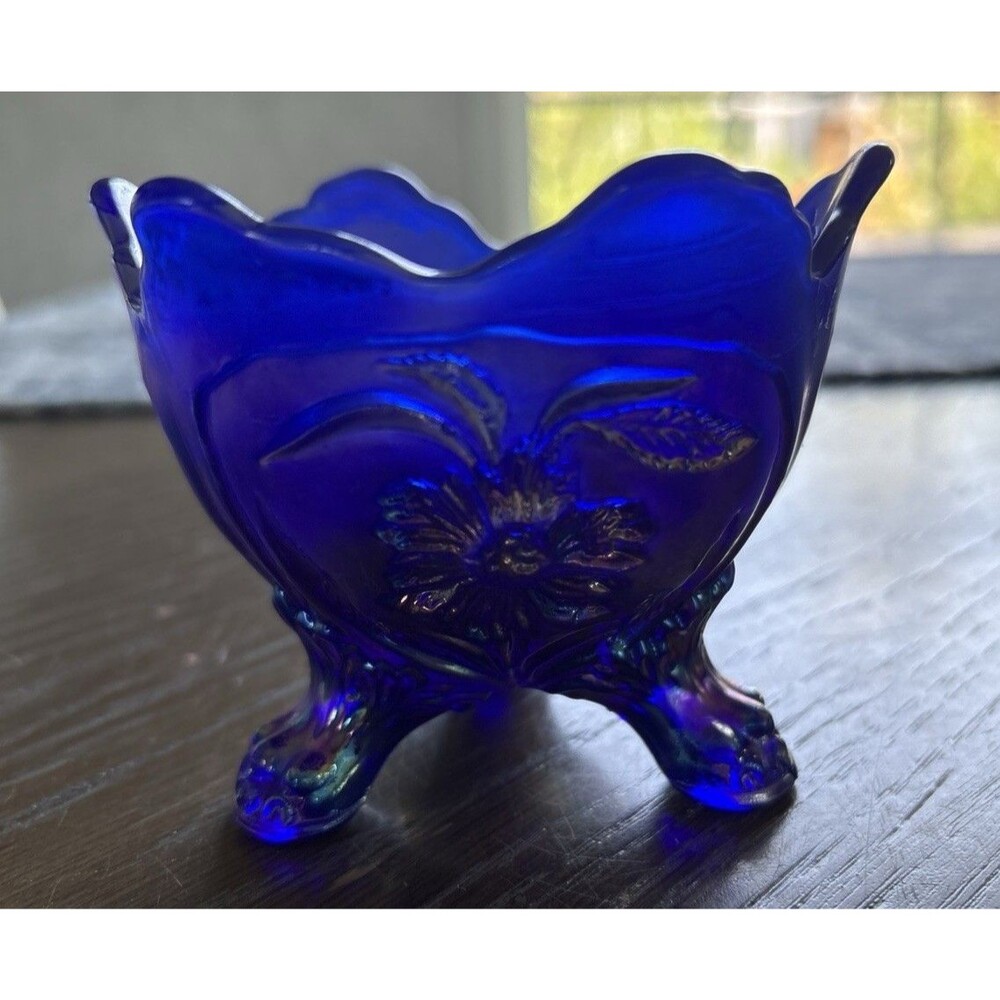 Vintage Imperial Blue Carnival Glass Footed cracked Egg Candy Dish 1951-1972